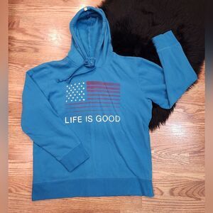 Life is Good Blue American Flag Sweatshirt Hoodie Size L